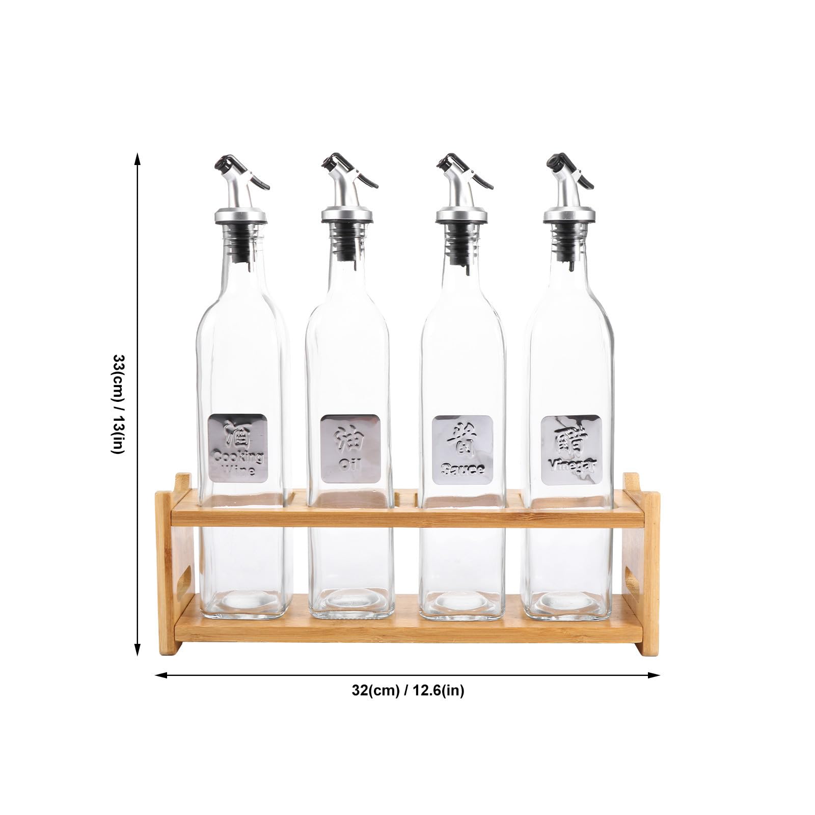 Ciieeo Ölflasche aus Glas und Edelstahl 500ml Auslaufsicher 5 Stück mit Holz Aufbewahrungsregal für Öl und Essig für Küche