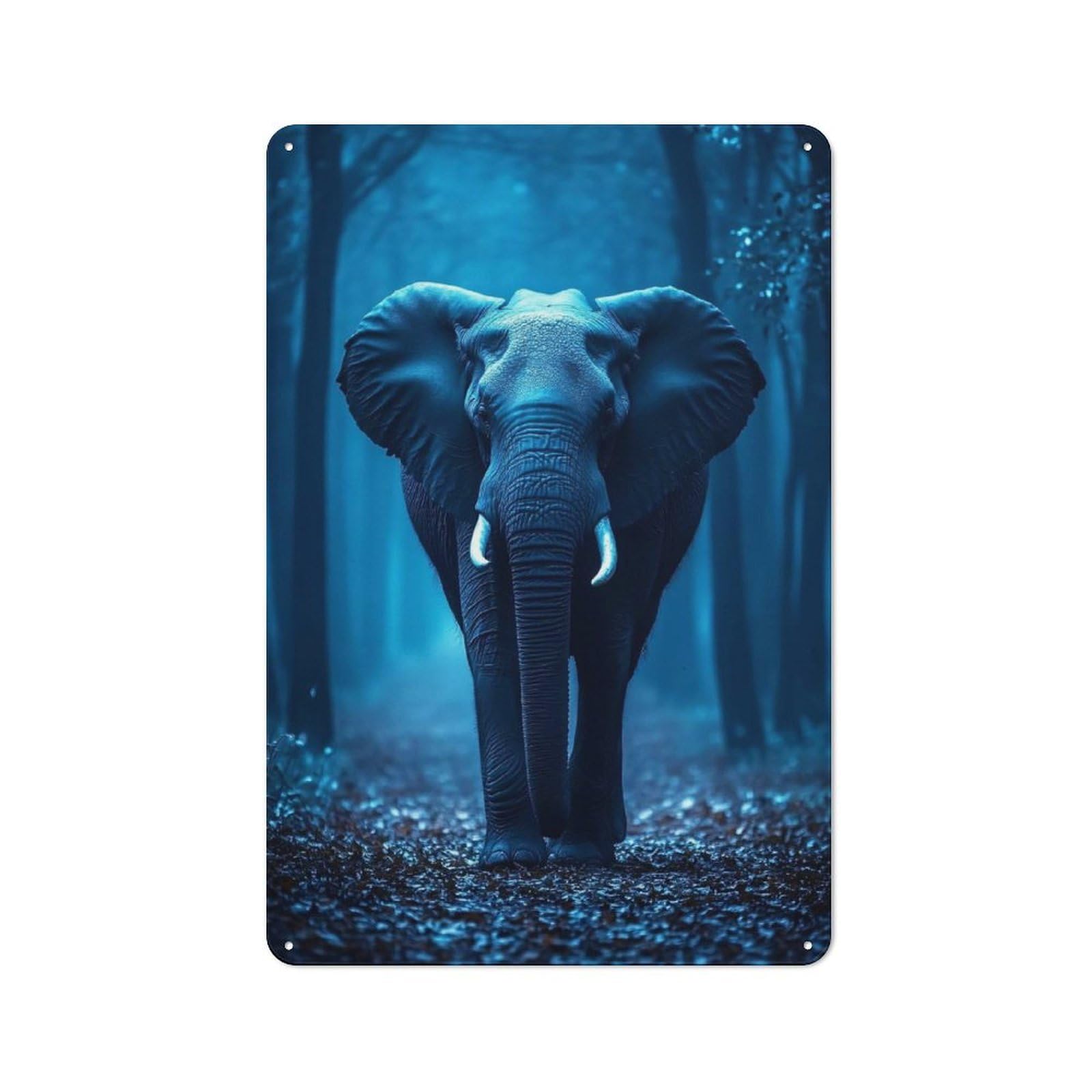 Country Style Blue Elephant in Forest Decorative Metal Sign 30x20cm, Bistro Wall Plaque for Restaurant, Kitchen, Counter Or Breakfast Nook
