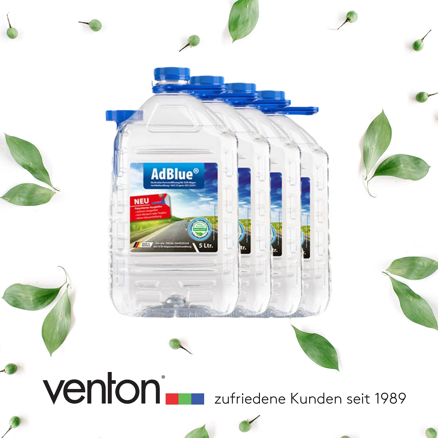 VENTON AdBlue® Harnstoff-Lösung 4×5L Kanister I Hochreines Diesel-Additiv für SCR-Abgasnachbehandlung inkl. praktischem Ausgießer I Ausstoßreduzierung von Stickoxiden I Ad Blue für Diesel