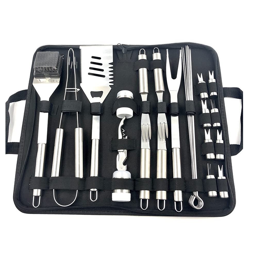 ICOBES Set di attrezzi per barbecue in acciaio inox, 29 pezzi, accessori per barbecue, valigetta in alluminio, per esterni, campeggio, argento