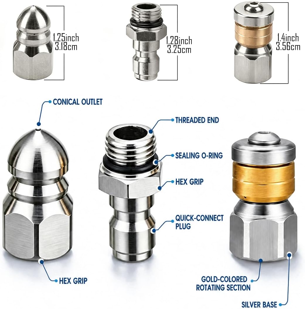 Sewer Jetter Nozzle Kit 3 Pcs, 1/4 Inch Quick Connect Rotating Button Nose and Fixed Drain Cleaner Nozzles, Stainless Steel Pressure Washer Sewer Jetting Tips