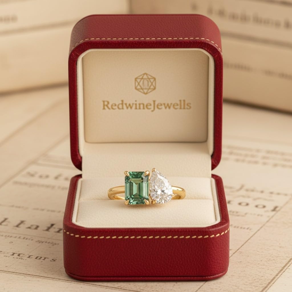 Emerald Cut Green Moissanite Pear Cut Moissanite 18K Gold Plated Engagement Ring 925 Silver Two Stone Ring, Christmas Gift for Woman, Wife By REDWINE JEWELLS