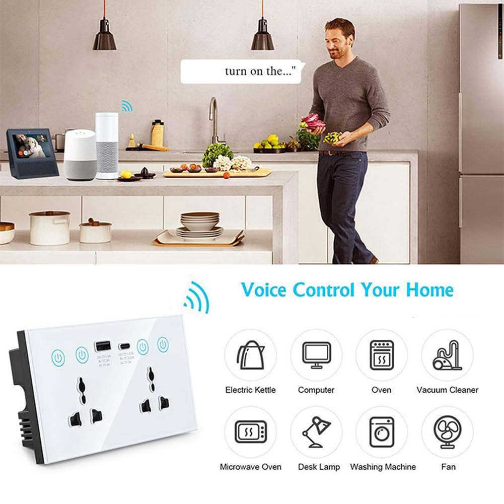 Prise Universelle UE/UK/US Tuya WiFi Noire avec Interrupteur Intelligent et Port USB et Type-C Smart Life