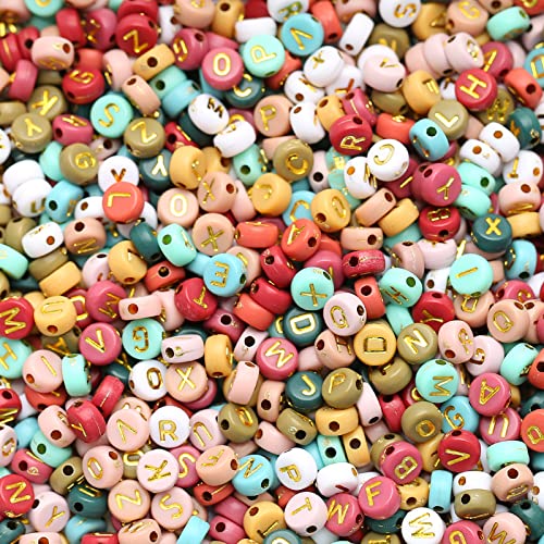 ToBeIT 1000Pcs Alphabet Letter Beads Acrylic Round Beads Vintage Color Beads for DIY Bracelet Necklace Craft Making (bg Color - Gold(White))