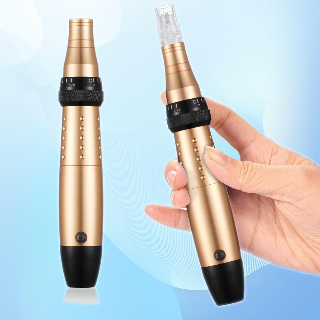 Derma Pen 5 Geschwindigkeitsstufen Mikronadelgerät einstellbare Länge Elektrisch Microneedling Pen Schönheit Pen mit 4 Patronen Mikronadel Stift (golden)