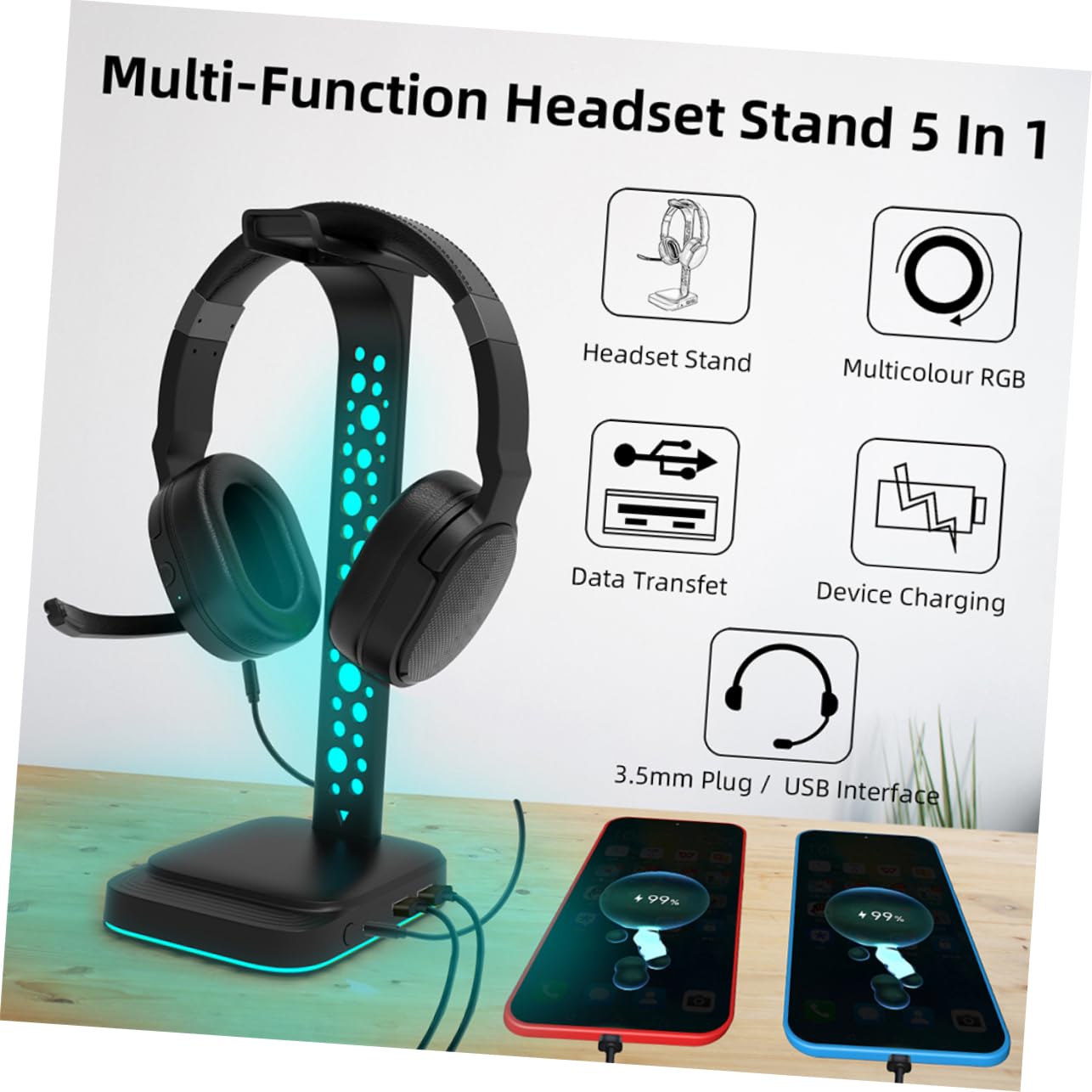Uonlytech Support de Casque de Bureau RGB en Abs Noir Hub USB