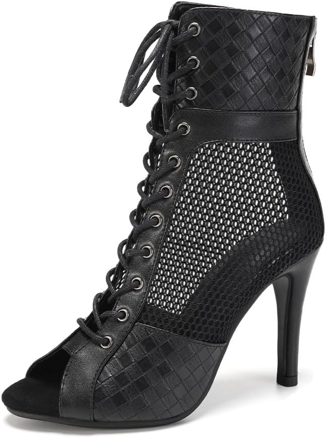 Women's Dance Boots Peep Toe Mesh Lace up Latin Salsa Ballroom Performance Ankle Dance Shoes