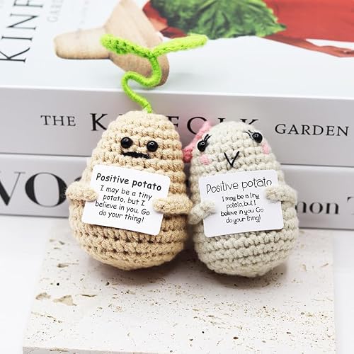 3Pcs Knitting Wool Potato Positive Card Dolls Sunflower Pot Funny Gifts Set,Creative Funny Crochet Toy with Encouragement Card,Birthday Gifts For Women,Mom,Girlfriend,Party Decoration (Bulbous cactus)