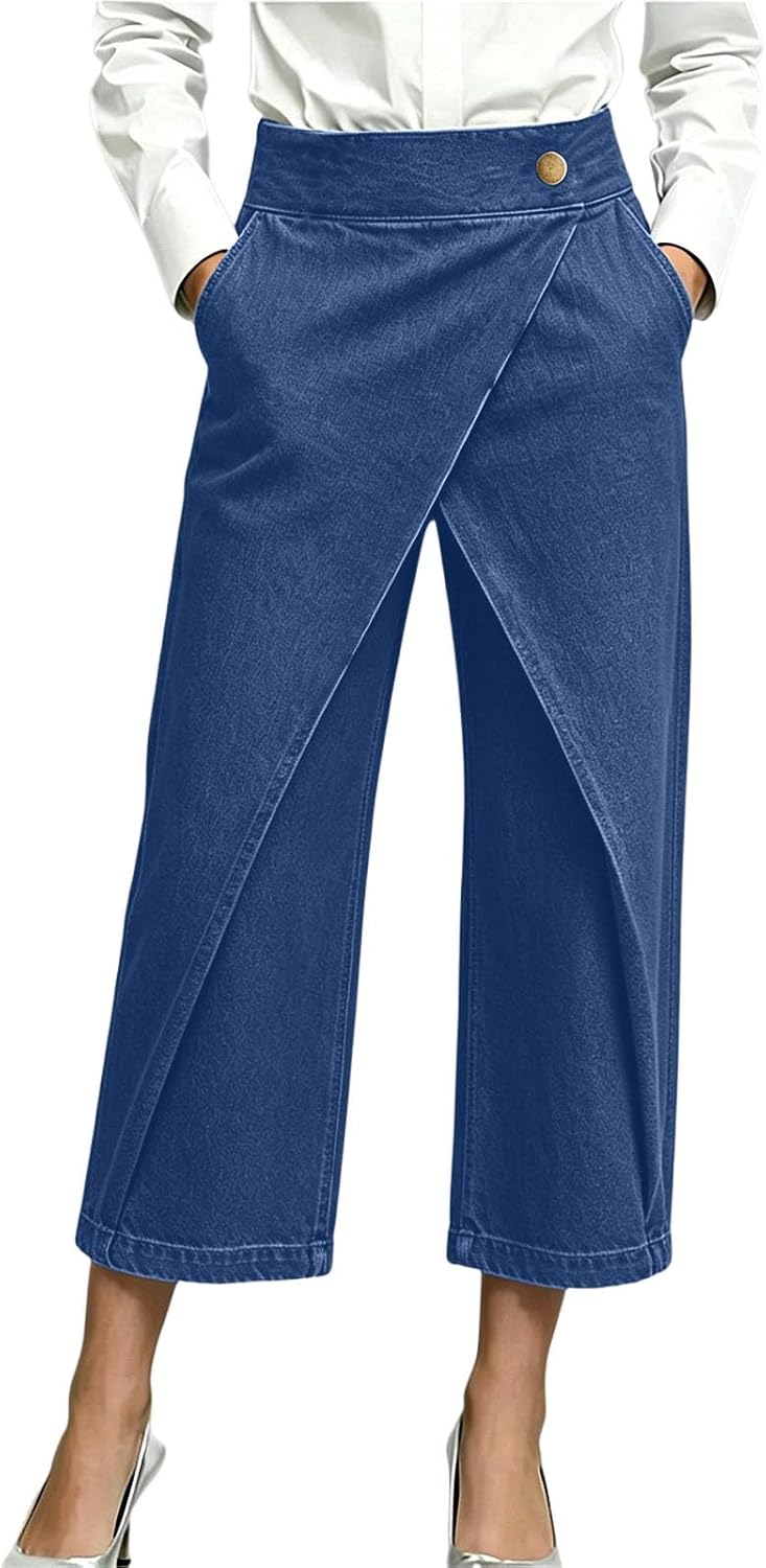 Women Trendy Jeans Business Side Button Waisted Pants Solid Color Wide Leg Casual Denim Trousers with Pockets