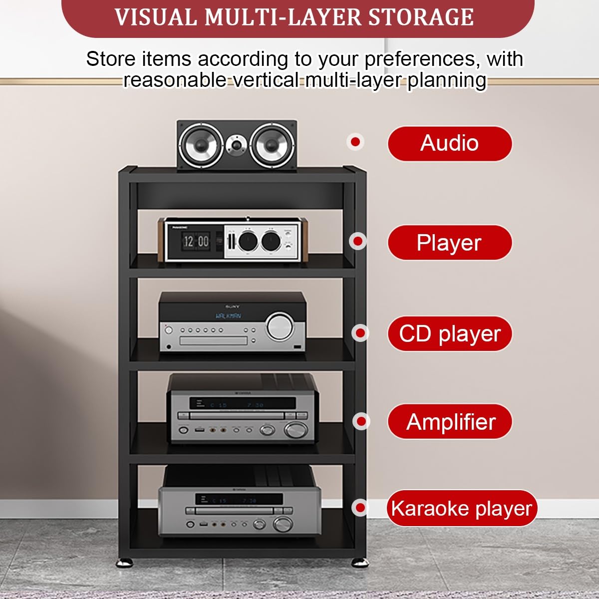 Soporte multimedia AV de 4 niveles con ruedas y estanterías, gabinete estéreo audiovisual para almacenamiento de componentes, torre de rack de audio y soporte, torre de almacenamiento de medios para