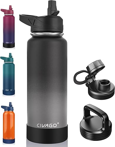 CIVAGO Botella de agua aislada de 40 onzas con popote, taza de agua deportiva de acero inoxidable con 3 tapas (pajilla, boquilla portátil y tapa de