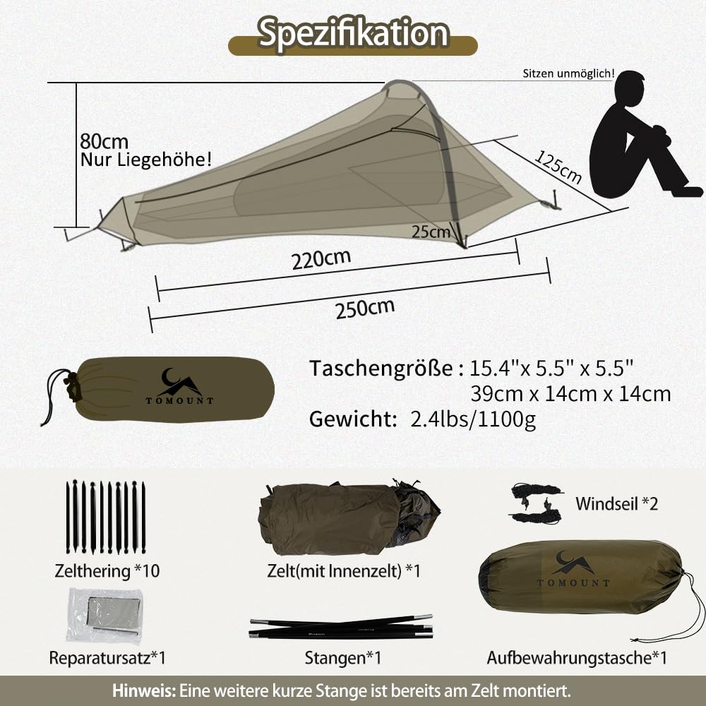TOMOUNT Bivy Nylon Zelt Ultralight 1 Person wasserdichtes Biwaksack kleines Packmaß Trekkingzelt EIN-Man Zelt für Trekking, Camping, Outdoor, Klettern mit Rucksack