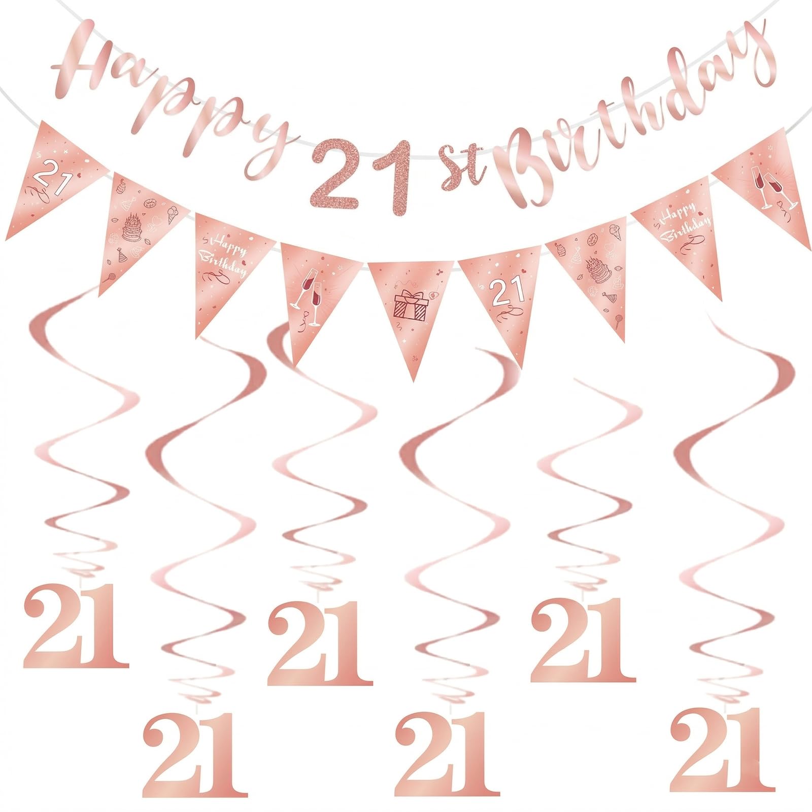 Rose Gold 21st Birthday Banner - Happy 21st Birthday Glitter Decorations,Party Supplies for Girls 21 Year Old Celebration