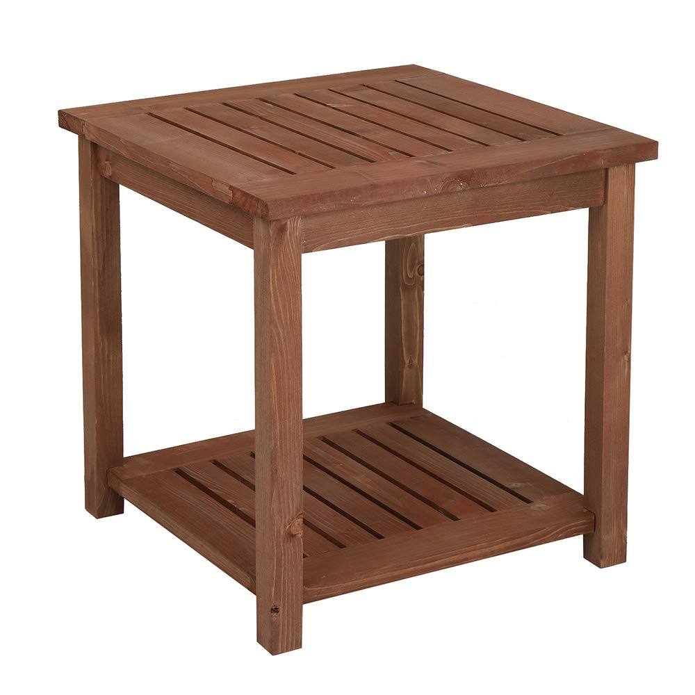 Kcelarec Outdoor Wooden Side Table with 2 Layer Storage, Patio Coffee End Tables, All Weather for Patio, Backyard, Pool, Indoor Use