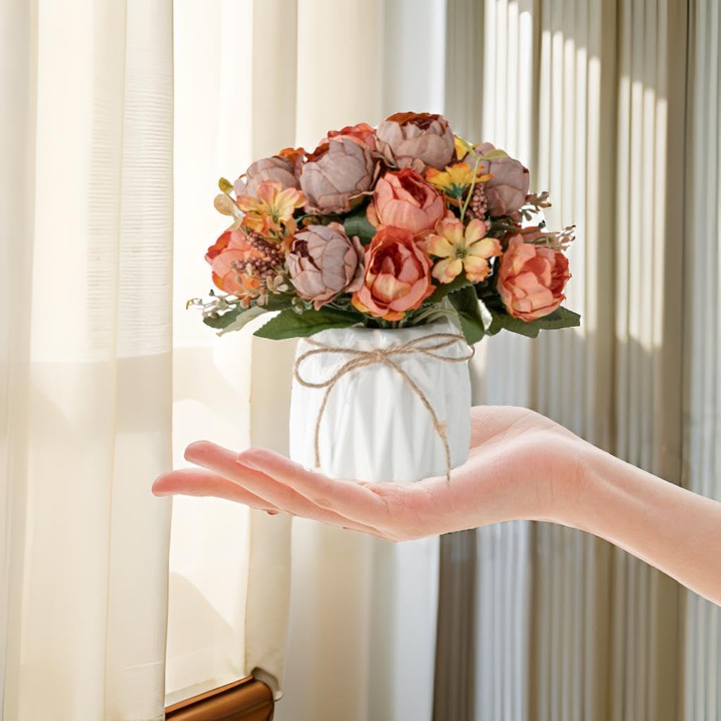 Hbluefat Faux Flowers with Vase,Artificial Silk Flowers in Ceramic Vase,Small Fake Flower Arrangement for Home Office Kitchen Bathroom Coffee Dining Table Centerpiece Decor (Orange,Peony) - Image 3