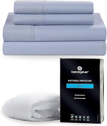Bedgear Paquete King Essentials protector de colchón básico y juego de sábanas, ligero, transpirable, sin ruido, funda de tela impermeable con