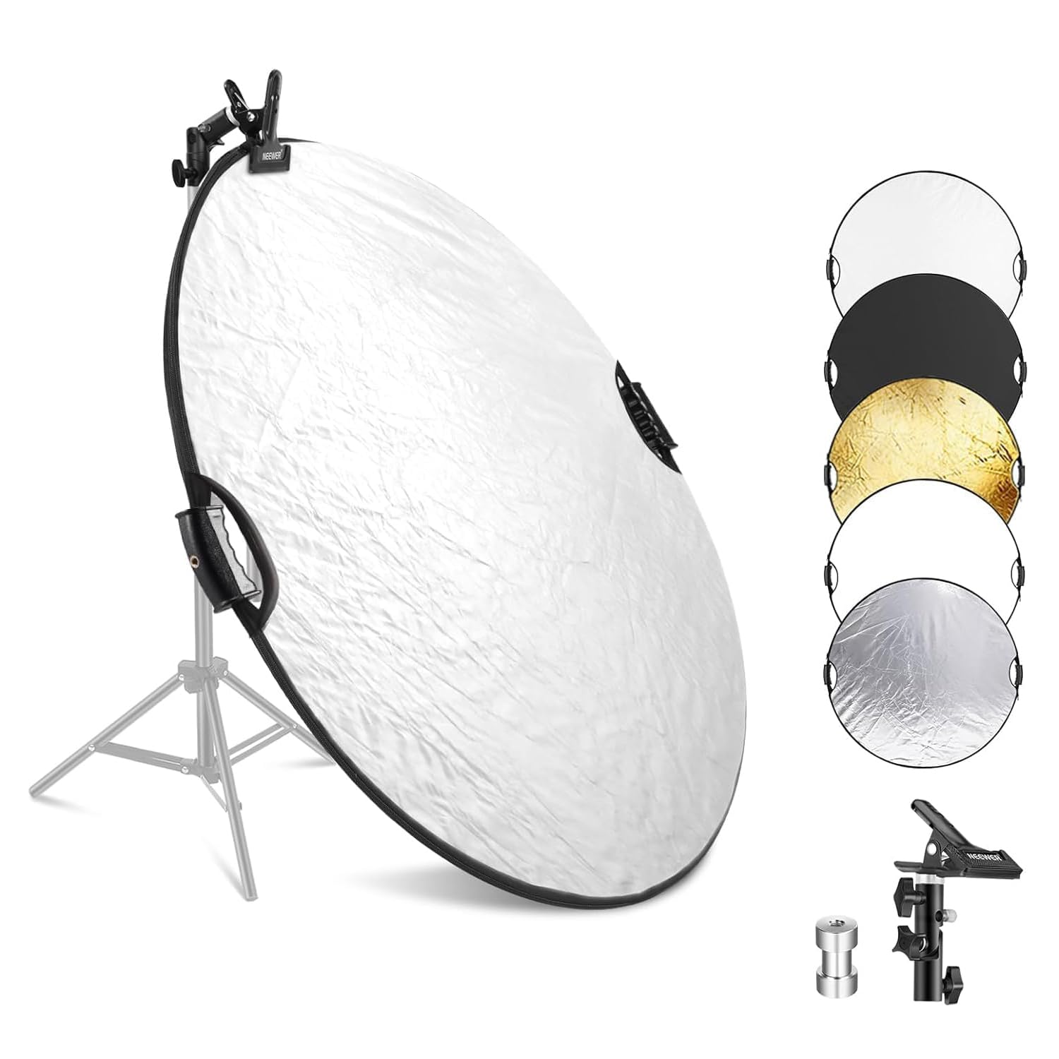 (Size unknown) NEEWER 43\"/110cm Light Reflector with Clamp & Hand Grips, 5 In 1 Collapsible Multi Disc Photography Reflector Translucent/Silver/Gold/White/Black with 3/8\" Thread for Studio Outdoor Lighting, RF-110II