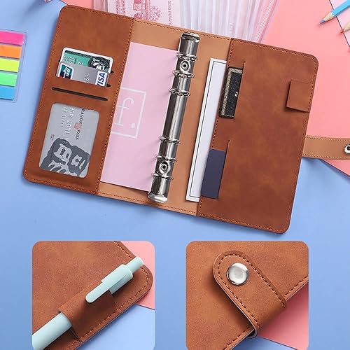 Miniatura 4 de Carpeta A6 de piel sintética con 6 anillos, bolsillos A6 para carpeta y separadores de temas, cubierta de hojas sueltas para planificador de diario