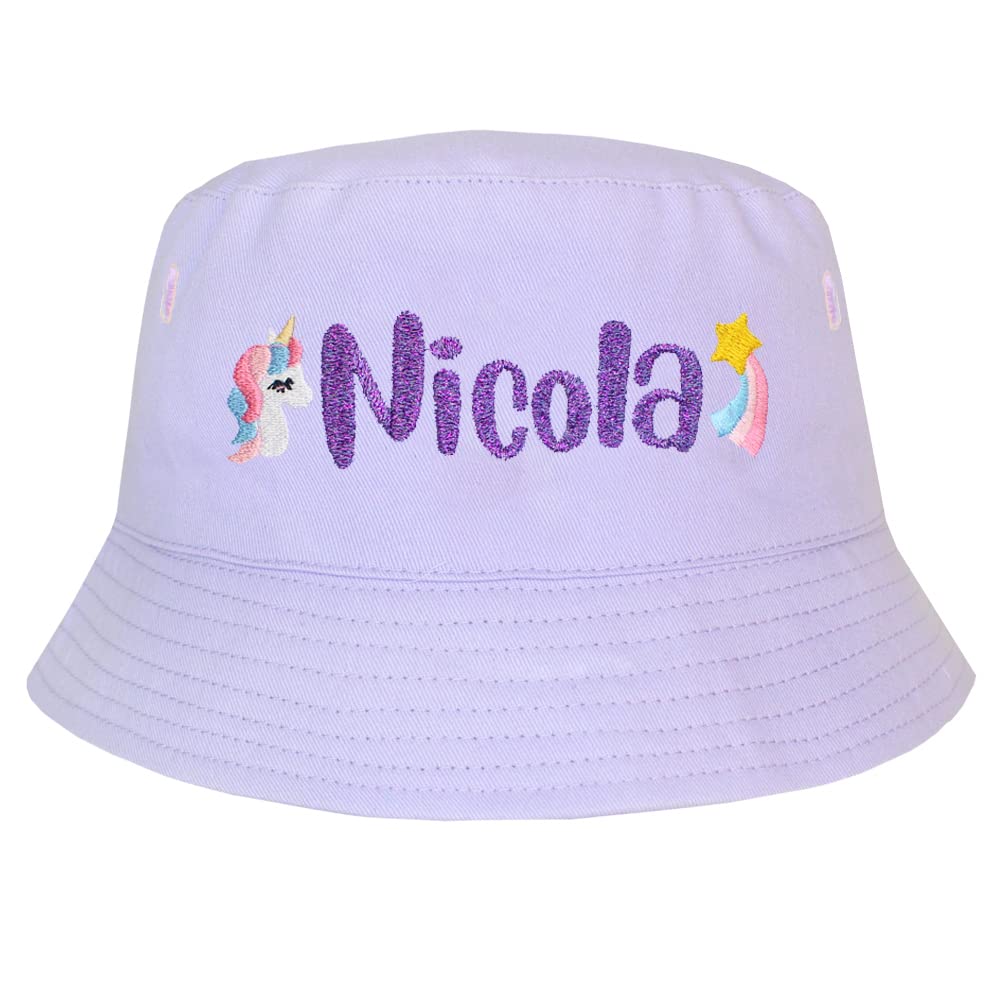 TeddyT's Personalised Girl's Unicorn & Shooting Star Embroidered Lilac Bucket Sun Hat (as8, Age, 6_Years, 8_Years)