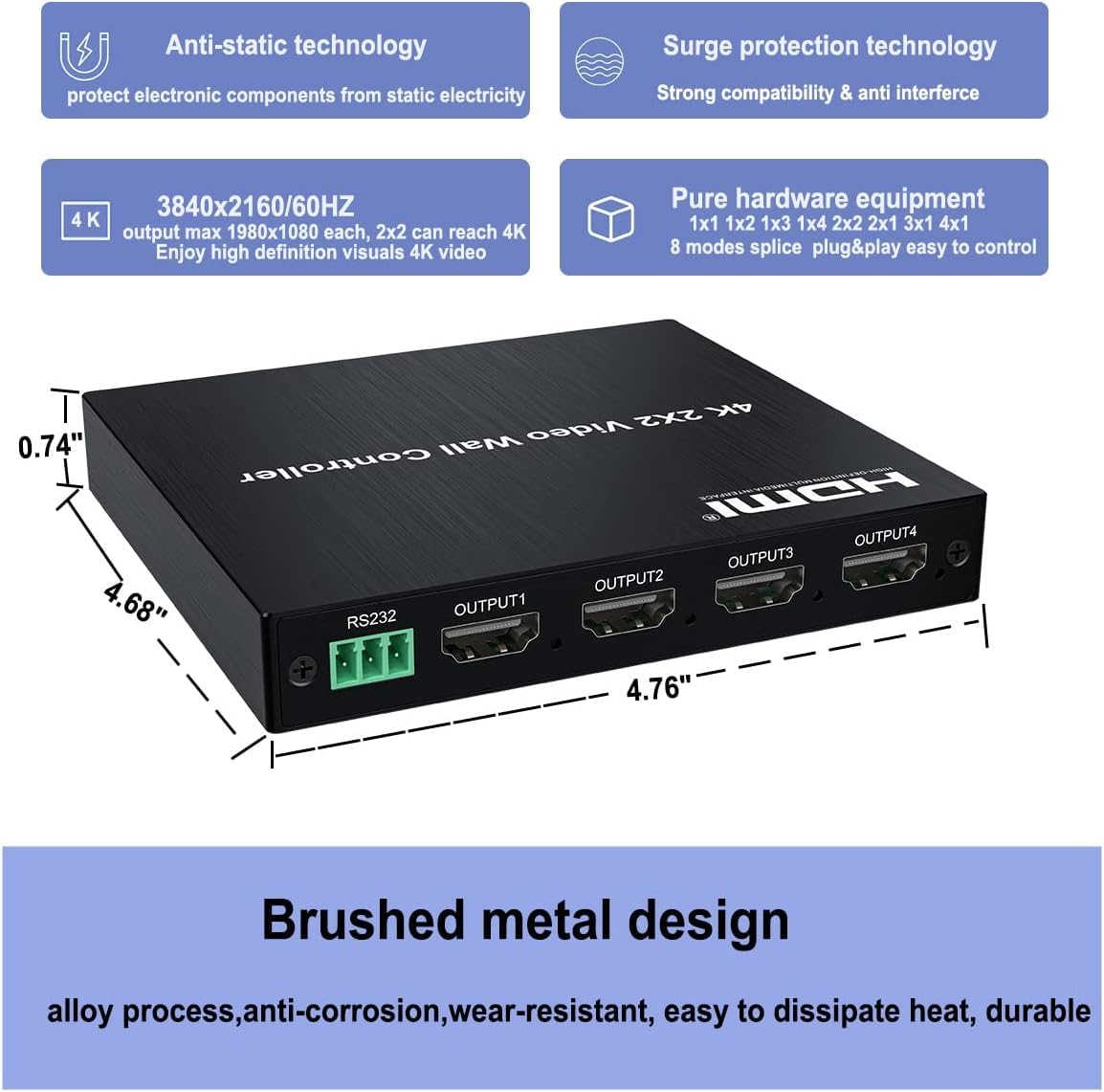 4K 60HZ 2x2 Video Wall Controller HDMI/DVI Ingressi 4 HDMI Uscita Video Processor Supporto di rotazione a 180 Gradi 1X2 2X1 2X2 1X3 3X1 1X4 4X1 Splicing dello schermo