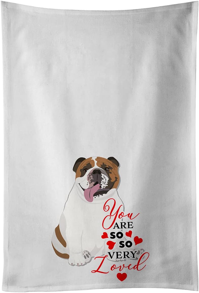 Caroline's Treasures WDK3912WTKT English Bulldog Tricolor #1 so Loved White Kitchen Towel Set of 2 Dish Towels Decorative Bathroom Hand Towel for Hand, Face, Hair, Yoga, Tea, Dishcloth, 19 X 25, Whit