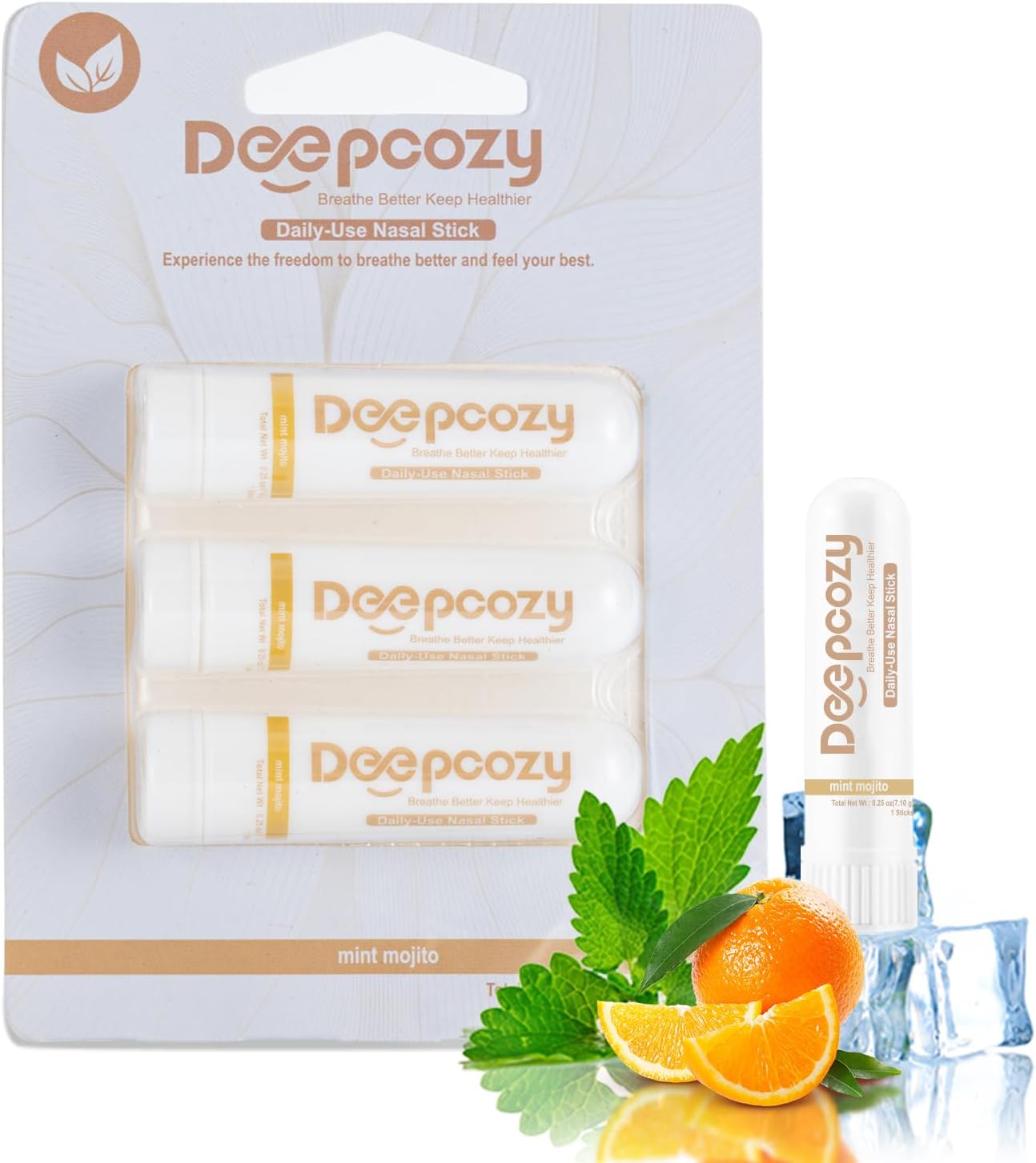 Nasal Stick for Adults, 3 Pack Nasal Inhaler Stick for Distraction Relief & Mild Stress, Portable Nasal Sticks Nose Inhaler Stick with Menthol for Work/Study/Travel (Mint Orange)