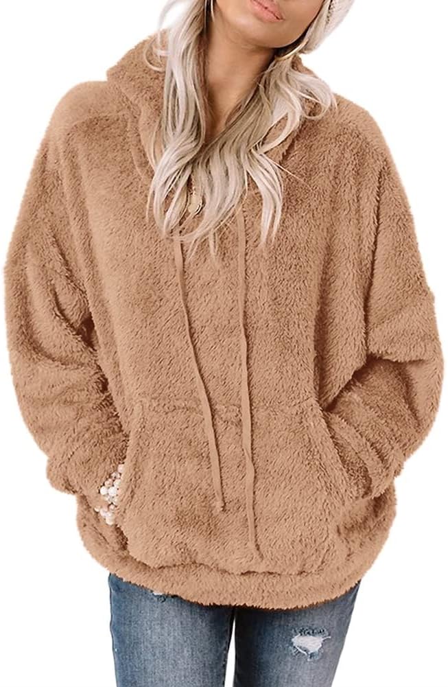Ezbelle Women's Long Sleeve Sherpa Pullover Fuzzy Fleece Sweatshirt Casual Loose Fuzzy Hoodies with Pockets
