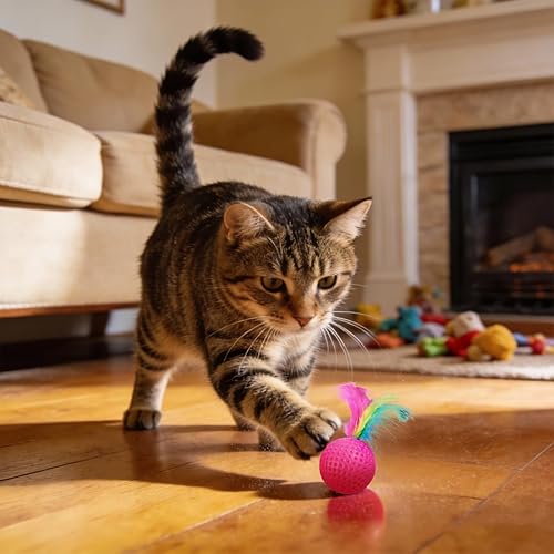 Vista 8 de Pelota de plumas para gatos, pelotas de golf interactivas, surtido de juguetes chirriantes para perseguir a gatitos, paquete de 24 (color aleatorio)