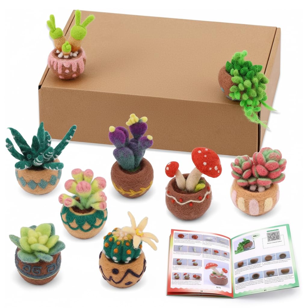 zibuyu® diy needle felting mini planter kit make 9 felt succulents, cactus & mushroom plants, beginner wool felting craft set with needles, foam pad & instructions, cute desk decor gift kit