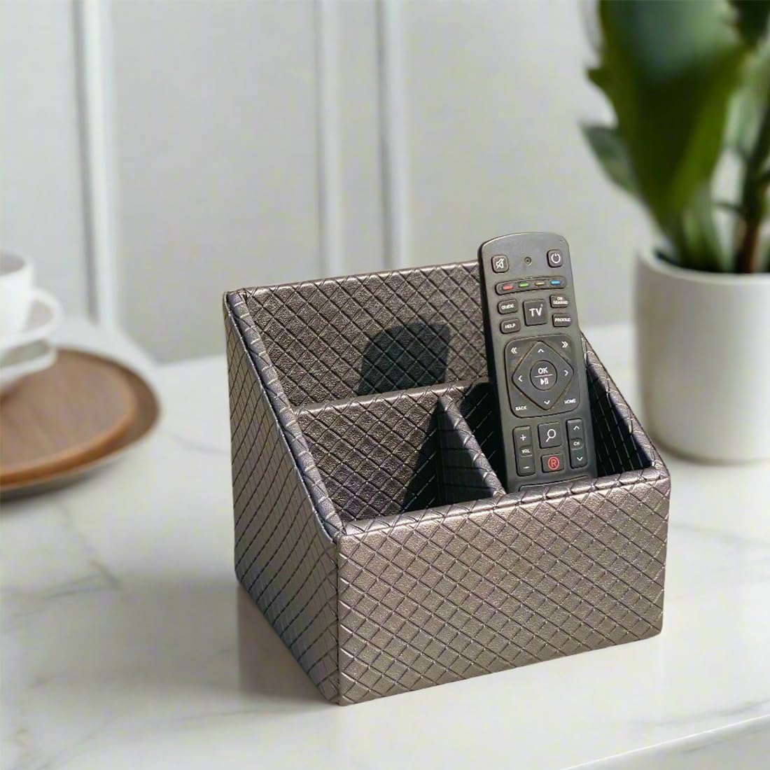 MASON HOME Vegan Leather & Mdf Braided Grey Remote Holder - 1pc - L 6.25" x B 5" x H 5" | Decorative Multifunctional Space Saving Organizer Stand | Rom - Table - Desk | AC TV Controller - Gadgets