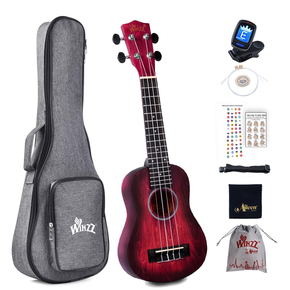 Winzz Ukulele Soprano 21 Pollici - Kit per Bambini, Adulti e Principianti - Rosso Unico Con 8 Accessori: Accordatore, Custodia, Tracolla, Corde