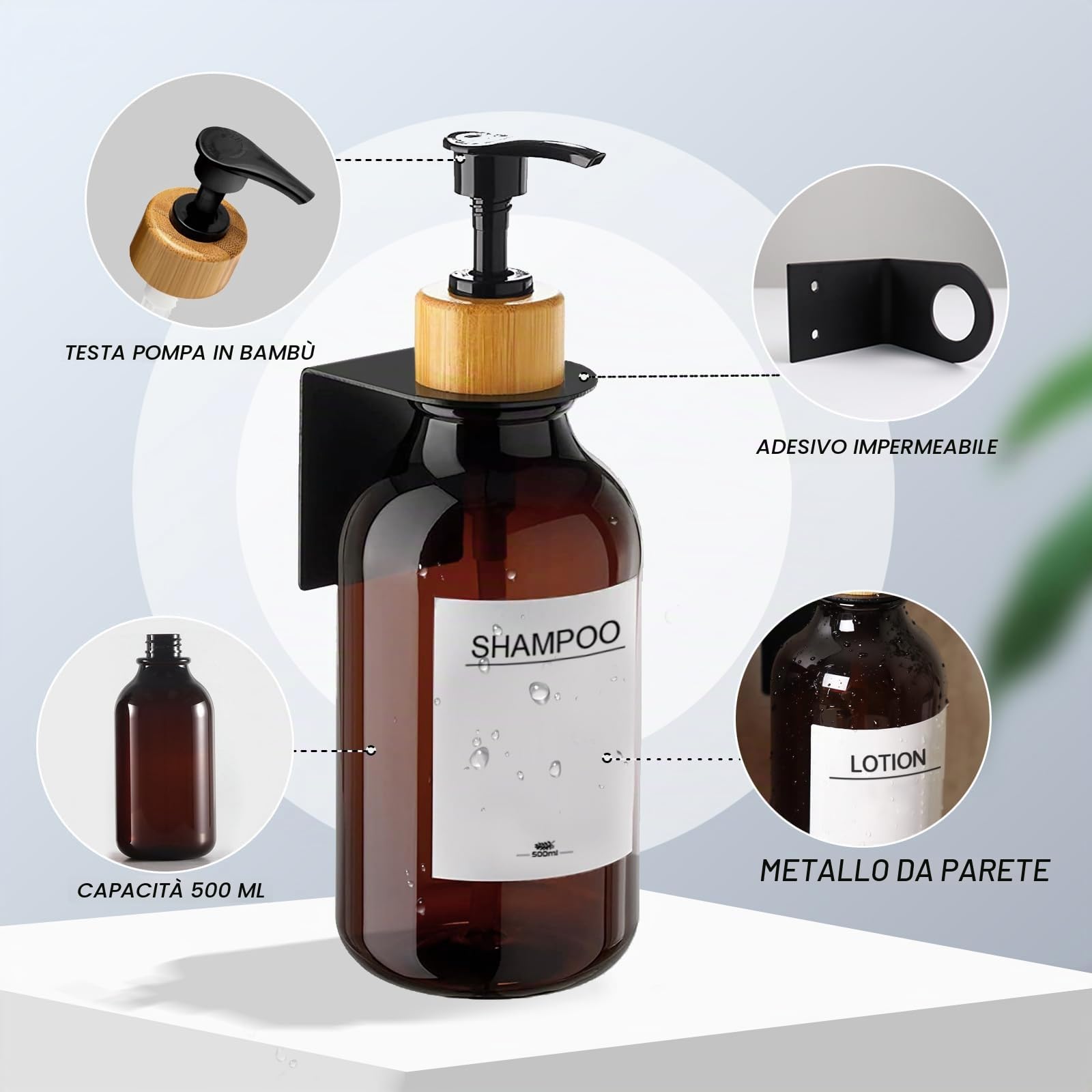 3 Pezzi Dispenser Sapone Bagno a Muro, Dispenser Sapone 500 ml dispenser sapone Doccia per Bagno Doccia Cucina Shampoo Balsamo Bagnoschiuma - Ambra