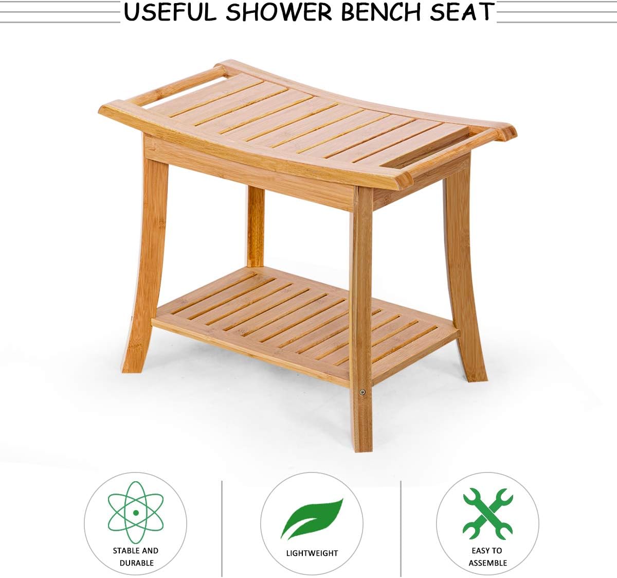 Giantex Bamboo Shower Bench Seat with Storage Shelf, Shower Spa Chair Seat Bench Organizer Stool for Indoor or Outdoor (24"x13"x18")