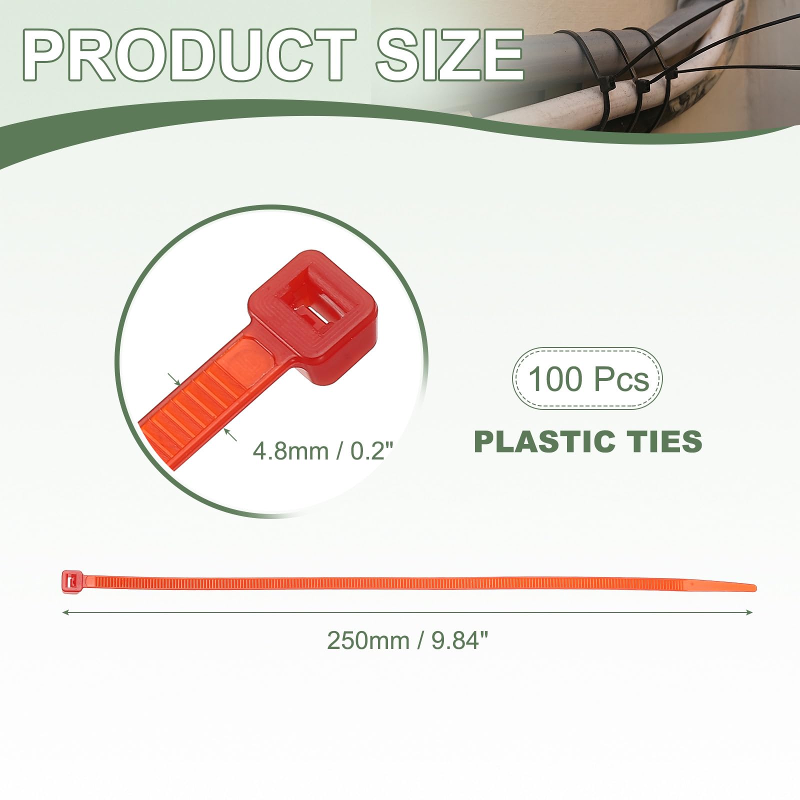 YELARXI Zip Ties Plastic Cable Ties, Self-Locking Wire Zip Tie 10 Inch Fit for Home Garden Office Workshop Travel - (100 Pack, Red) - Image 2