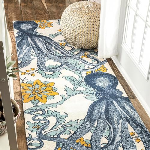 Image of Hand Woven 100% Natural Cotton Export Quality Designer Rug,Carpet, Bed Side Runner for Bedroom,Living Room, Size-2x5 feet or 60 cms x 152 cms (Blue Octopus)