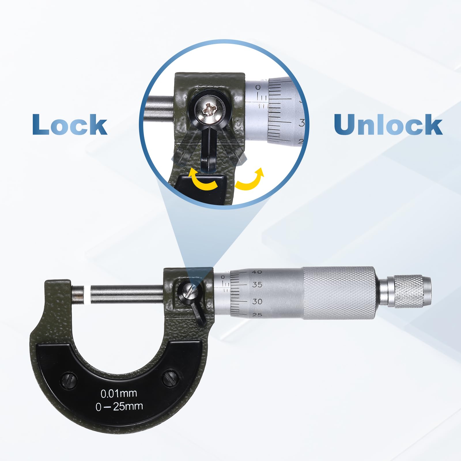 Herramienta de medición de precisión de grado industrial para metal, con rango métrico de 0 a 25 mm y precisión de +/-0,01 mm, con tope de trinquete, para maquinistas e ingenieros. Color gris.
