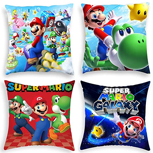 Bonamana Lot de 4 taies d'oreiller carrées Super Mario avec fermeture éclair Motif dessin animé Cadeau pour décoration de voiture, salon, chaise, canapé, literie 45 x 45 cm Cover