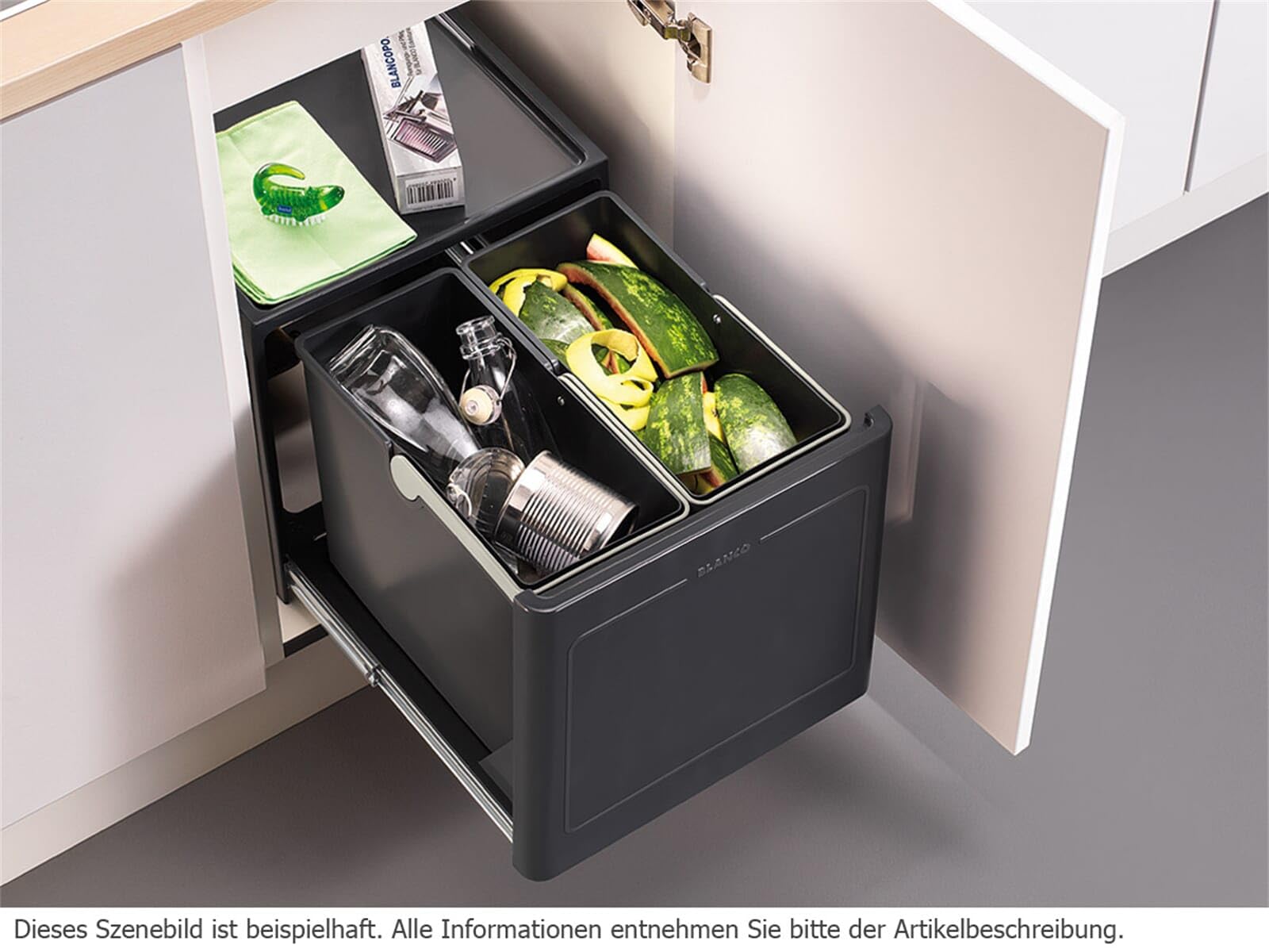 BLANCO BOTTON Pro 45/2 Manuell | Abfall Müllsystem | für 45 cm breite Unterschränke | System zur Bodenmontage hinter Schwenktüren | 2 x 13 Liter Eimer | [37,5x40x35 cm]
