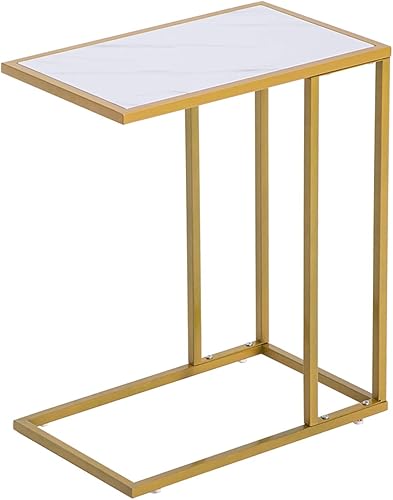 Mesa auxiliar moderna, mesa auxiliar, mesa C para sala de estar, parte superior de mármol blanco sintético con base dorada