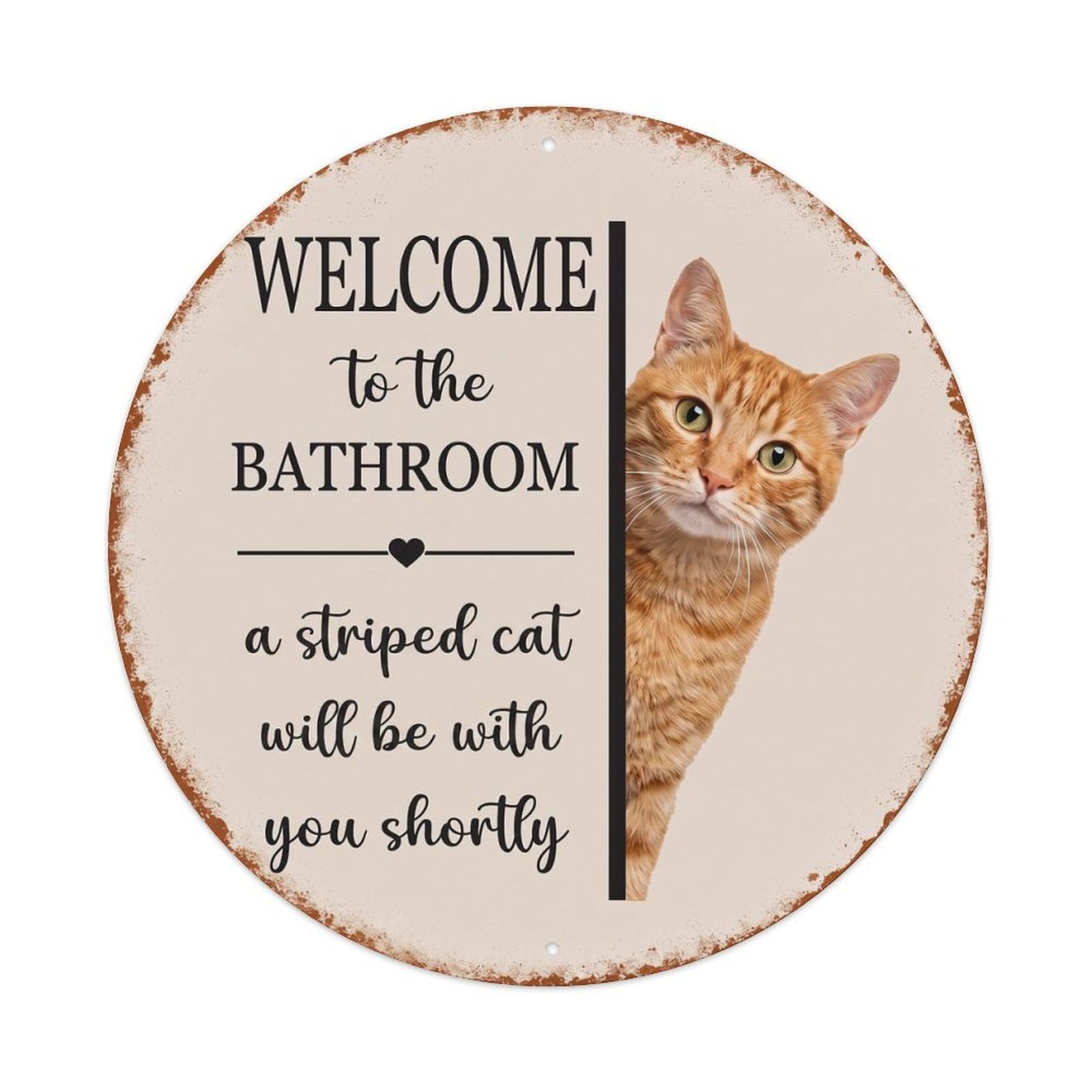 Vintage WELCOME To The BATHROOM Striped Cat Metal Tin Sign