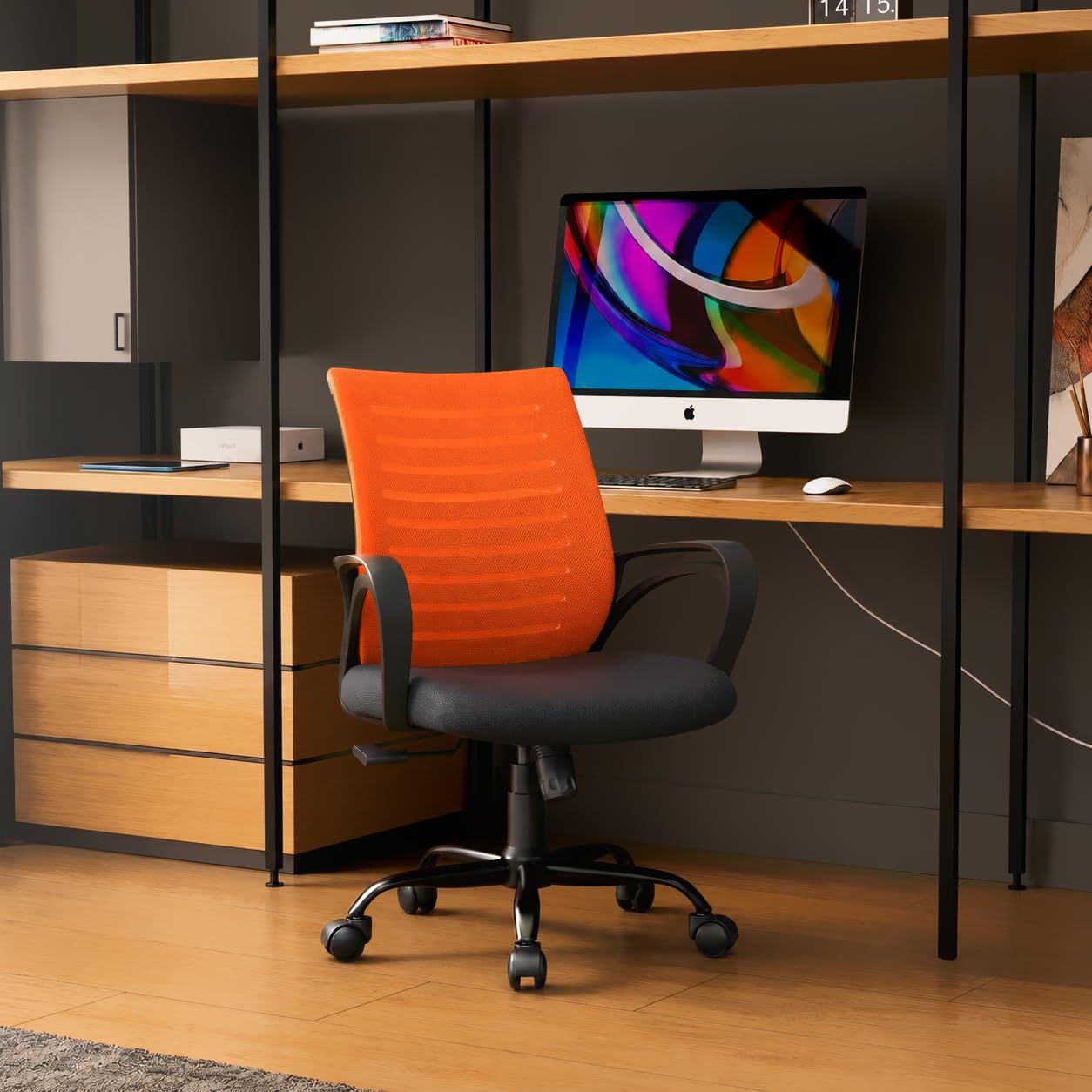 CELLBELL Desire C104 Ergonomic Mesh Office Chair for Home & Office | Mid Back Computer Chair with Adjustable Support, Smart Tilt Lock, Height Adjustment, Metal Base 360° Swivel Wheels (Orange)