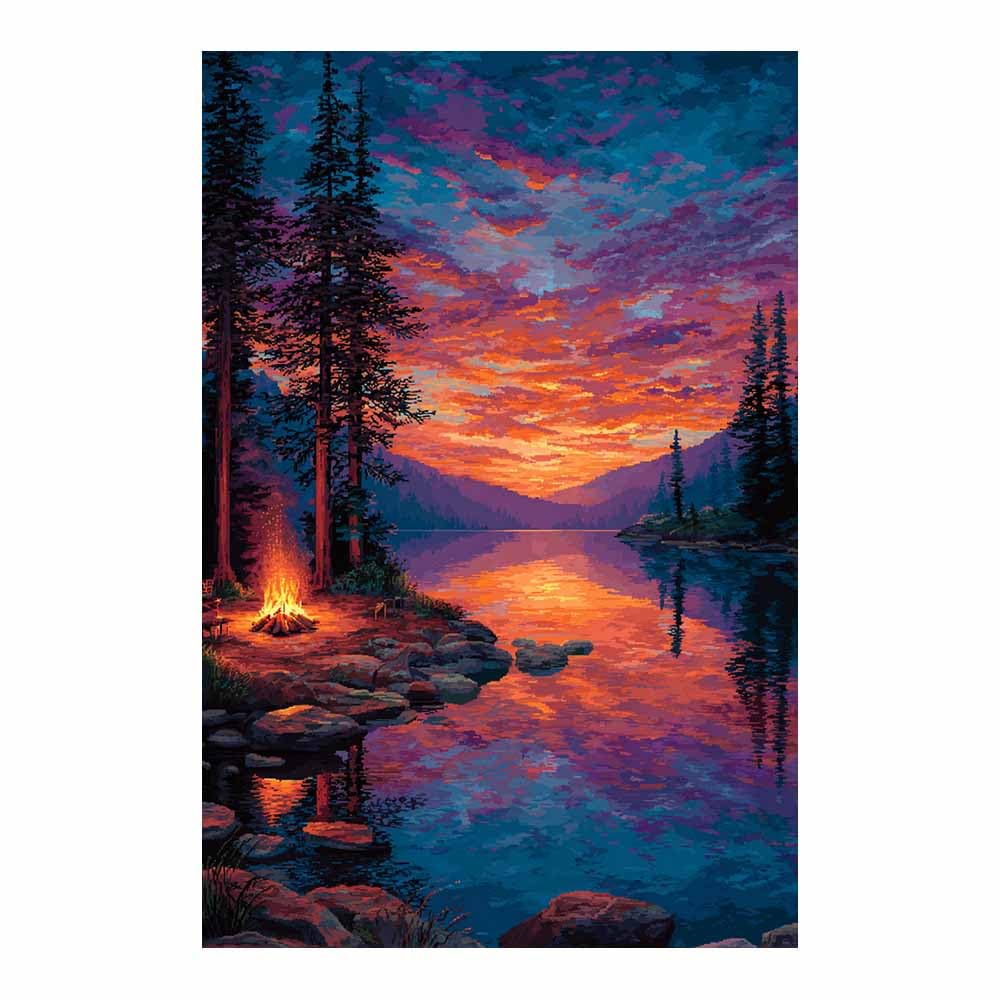 HOQIU Vintage wall art Sunset Lake Campfire decorative painting, wall art, for Living Room Bathroom Bedroom Kitchen Decoration.(Multicolor)-70x100cm Unframed