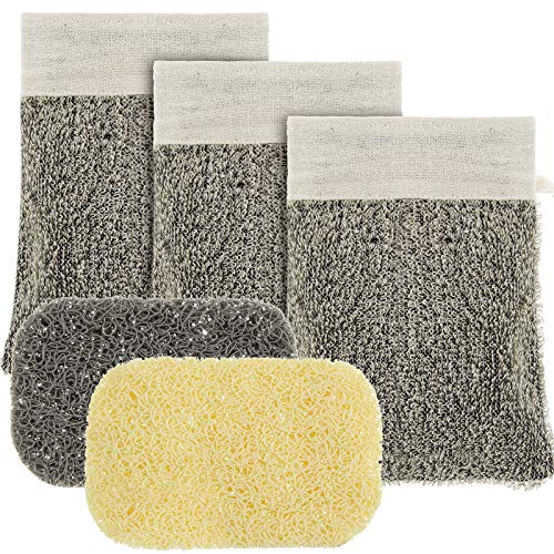 5 Pieces Flax Exfoliating Sponge Soap Pocket Set Include 3 Pieces Soap Holder Bags Soap Foaming and Saving Bags and 2 Pieces Soap Saver Pads Non-slip Soap Dish for Placing Soap