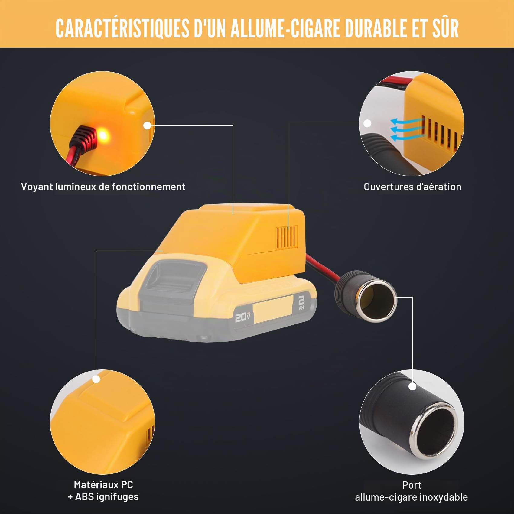 TONSIM Convertisseur 18V à 12V Compatible avec Batteries Dewalt – Adaptateur avec Prise Allume-Cigare pour Appareils 12V et Accessoires Auto