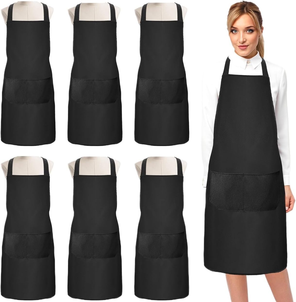 12 PCS Black Bib Apron, Unisex Adult Aprons with 2 Pockets, Washable Kitchen Aprons for Cooking Baking BBQ Crafting Painting, 24 x 28 Inch
