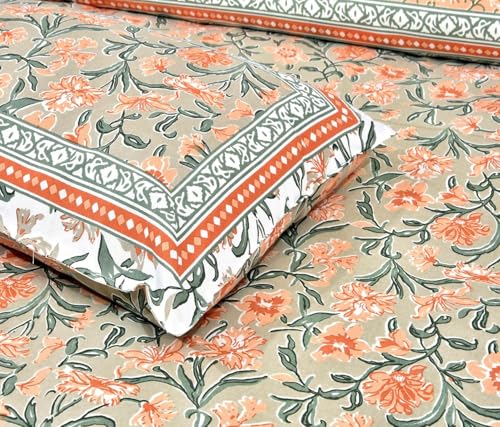 Image of elanorhomes 100% Cotton 240 TC Single Bed Sheet Set | Floral Hand Printed Bedsheet with Pillow Cover | Soft Breathable Summer Fabric for Bedroom | 60x90 Inches (Garden)