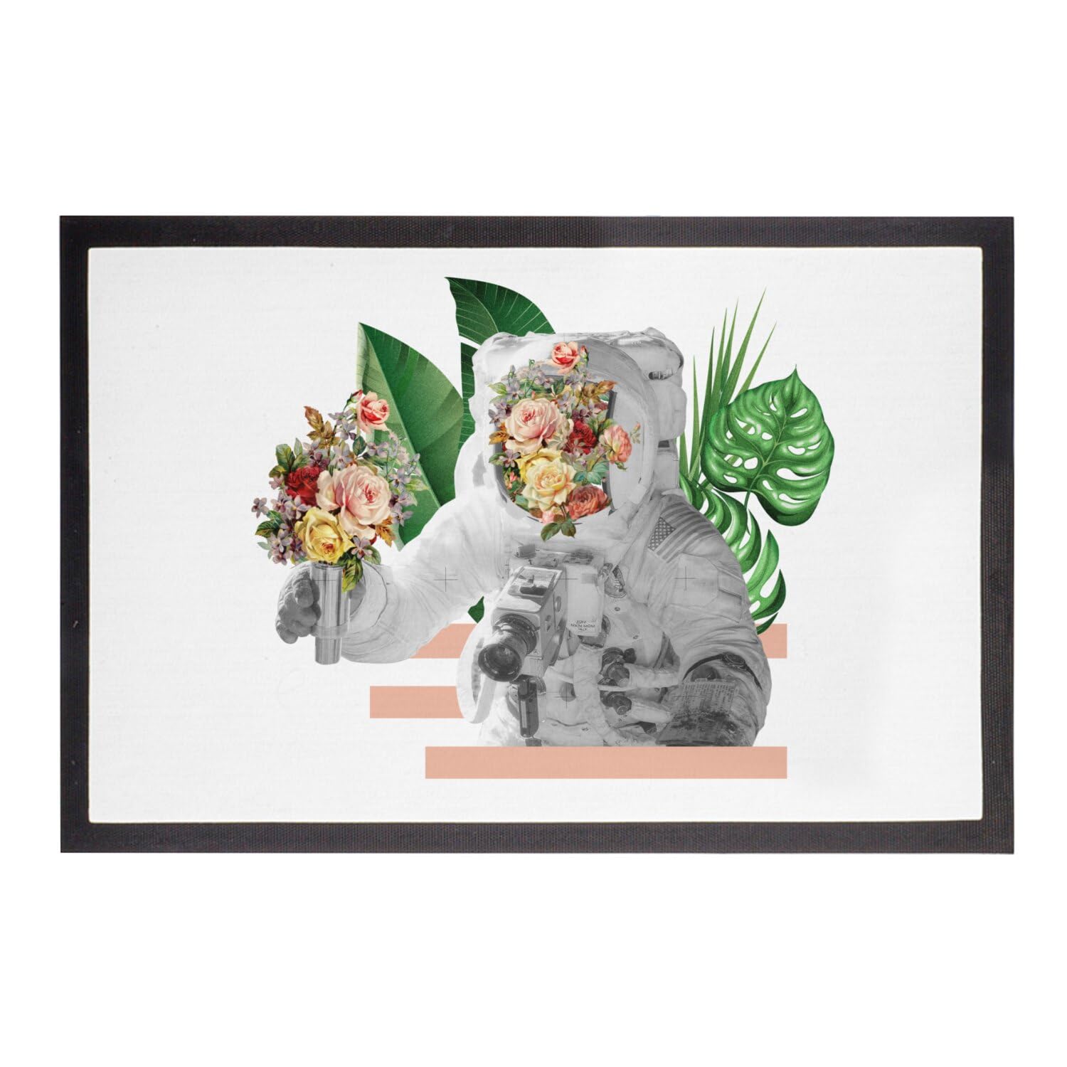 Paillasson Blanc Astronaute en Fleur 75x50cm Tapis Entrée Collage
