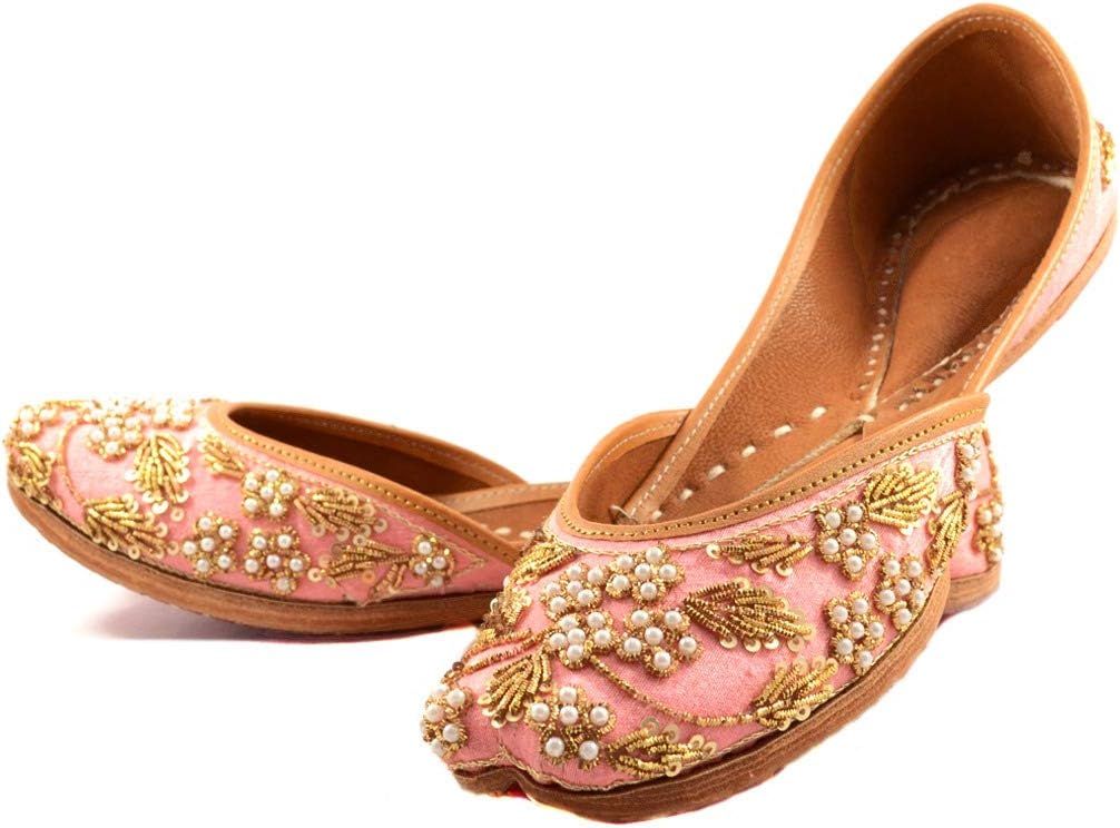 Indian Ethnic Embroidered Jutti Mojari Ballet Flats Traditional Peach Pump Shoes for Women