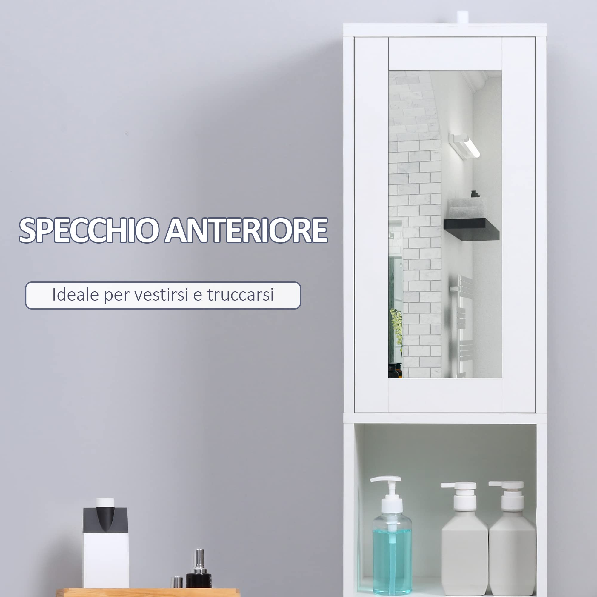 kleankin Colonna Bagno Salvaspazio con Specchio e Apertura a Pressione, Mobile da Bagno Multiuso in Legno, 30x28x170cm, Bianco