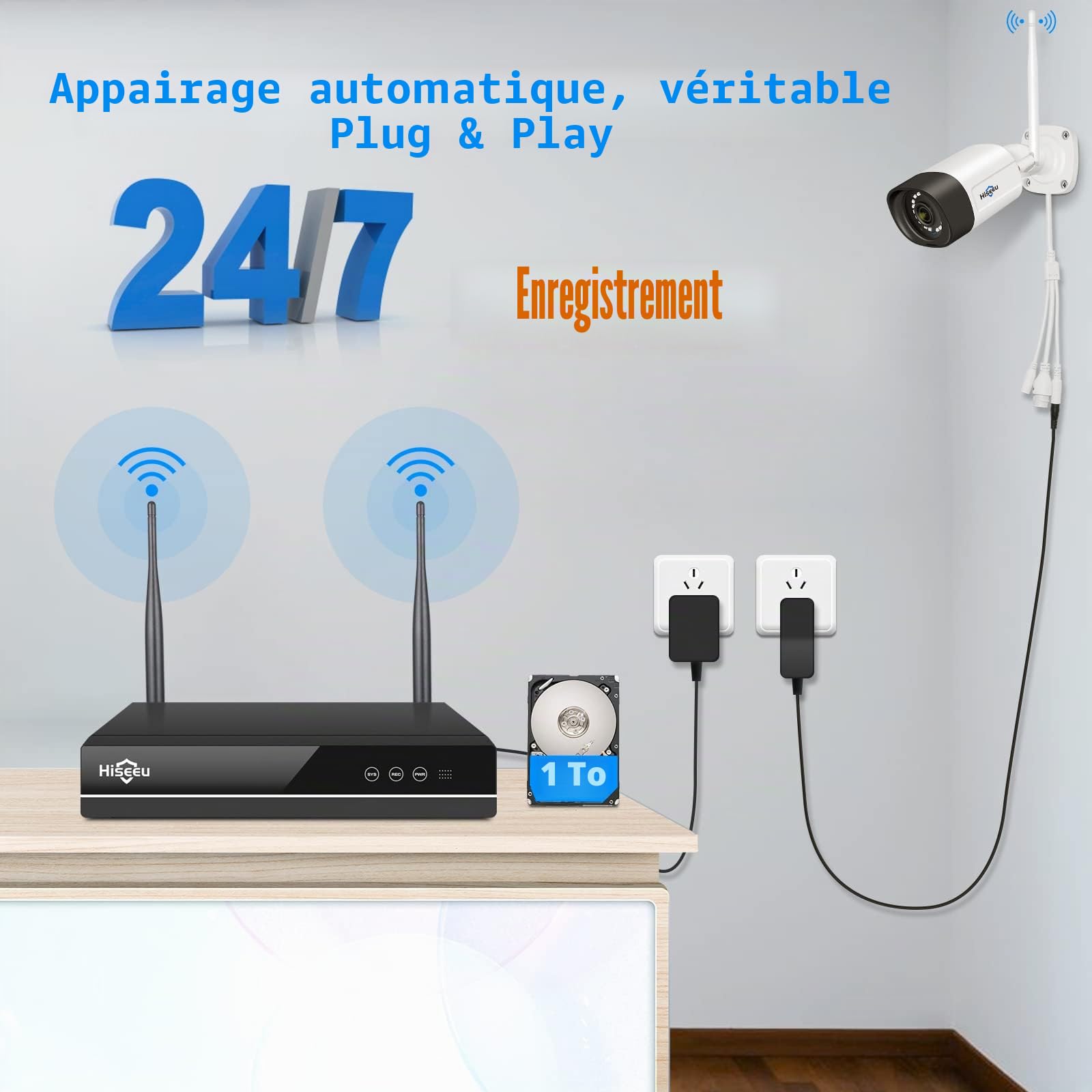 【5MP+Vision Nocturne en Couleur】 Kit Caméra de Surveillance WiFi Extérieure, Hiseeu 5MP 10CH 1To HDD NVR Kit Vidéo Surveillance WiFi avec 4X5MP IP Caméra, Détection de Mouvement, APP/PC à Distance